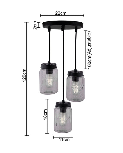 3-lights Cluster Chandelier Black Mason Jar Hanging Pendant Light with Braided Cord