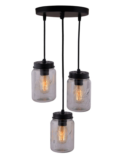 3-lights Cluster Chandelier Black Mason Jar Hanging Pendant Light with Braided Cord