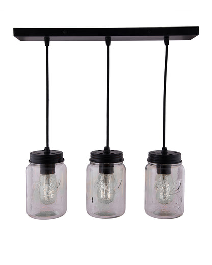 3-lights Cluster Chandelier Black Mason Jar Hanging Pendant Light with Braided Cord