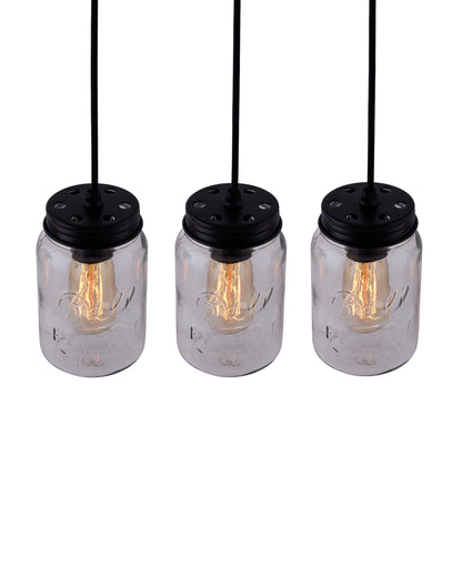 3-lights Cluster Chandelier Black Mason Jar Hanging Pendant Light with Braided Cord