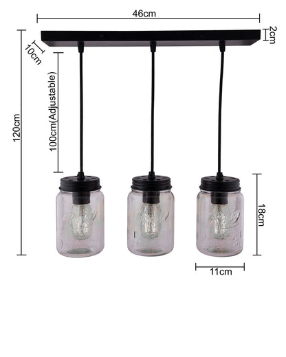 3-lights Cluster Chandelier Black Mason Jar Hanging Pendant Light with Braided Cord