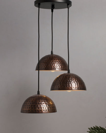 3-lights Cluster Chandelier Antique Copper Hammered 8" Pendant Hanging Pendant Light with Braided Cord