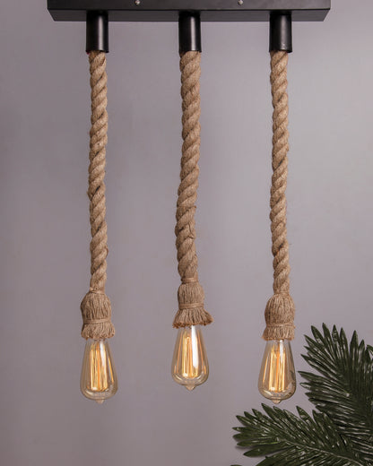 3-lights Linear Cluster Chandelier Edison Rustic Rope hanging Pendant Light, kitchen area and dining room light