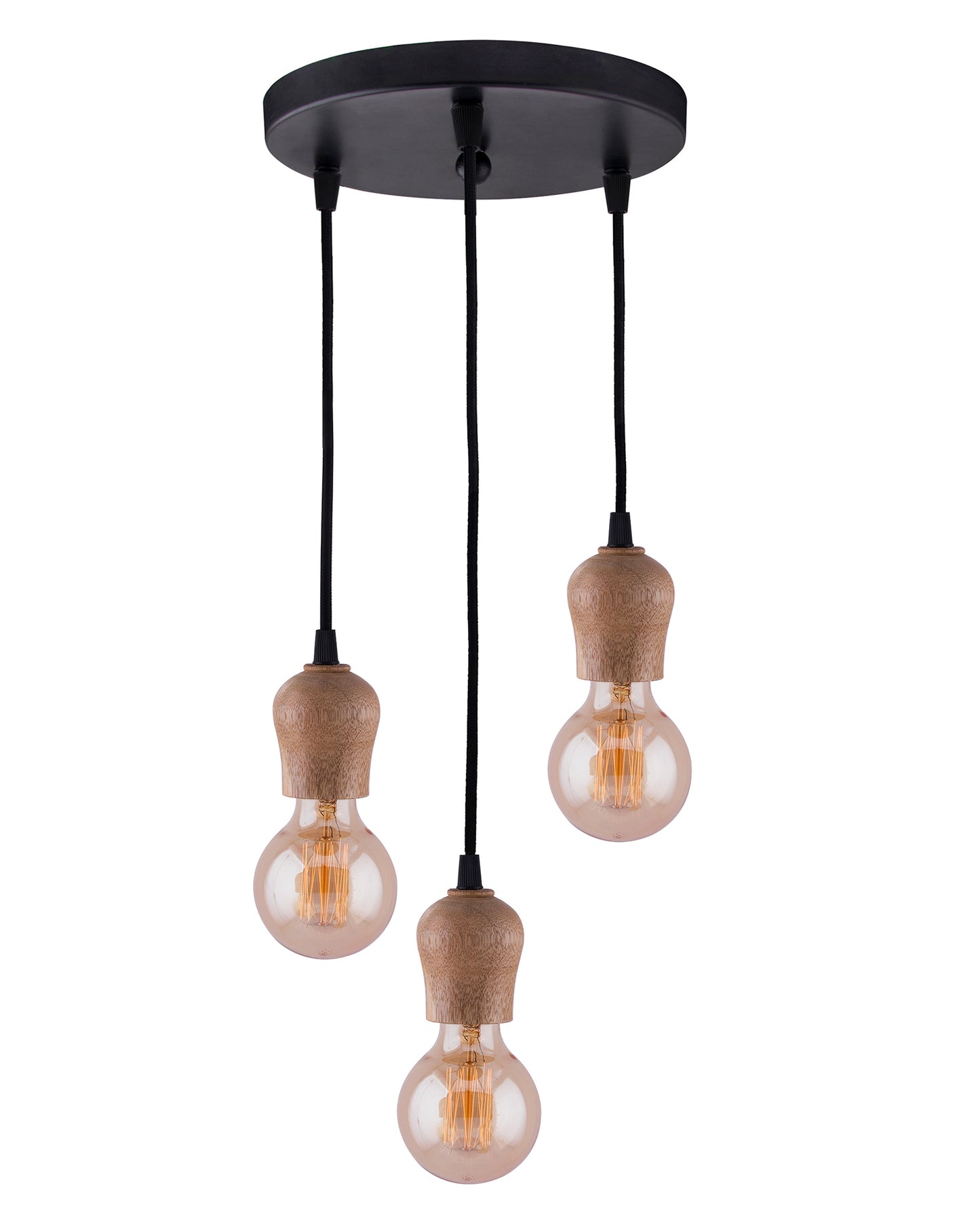 3-lights Round Cluster Chandelier Edison Filament Wooden Bubble holder Hanging Pendant Light with Braided Cord