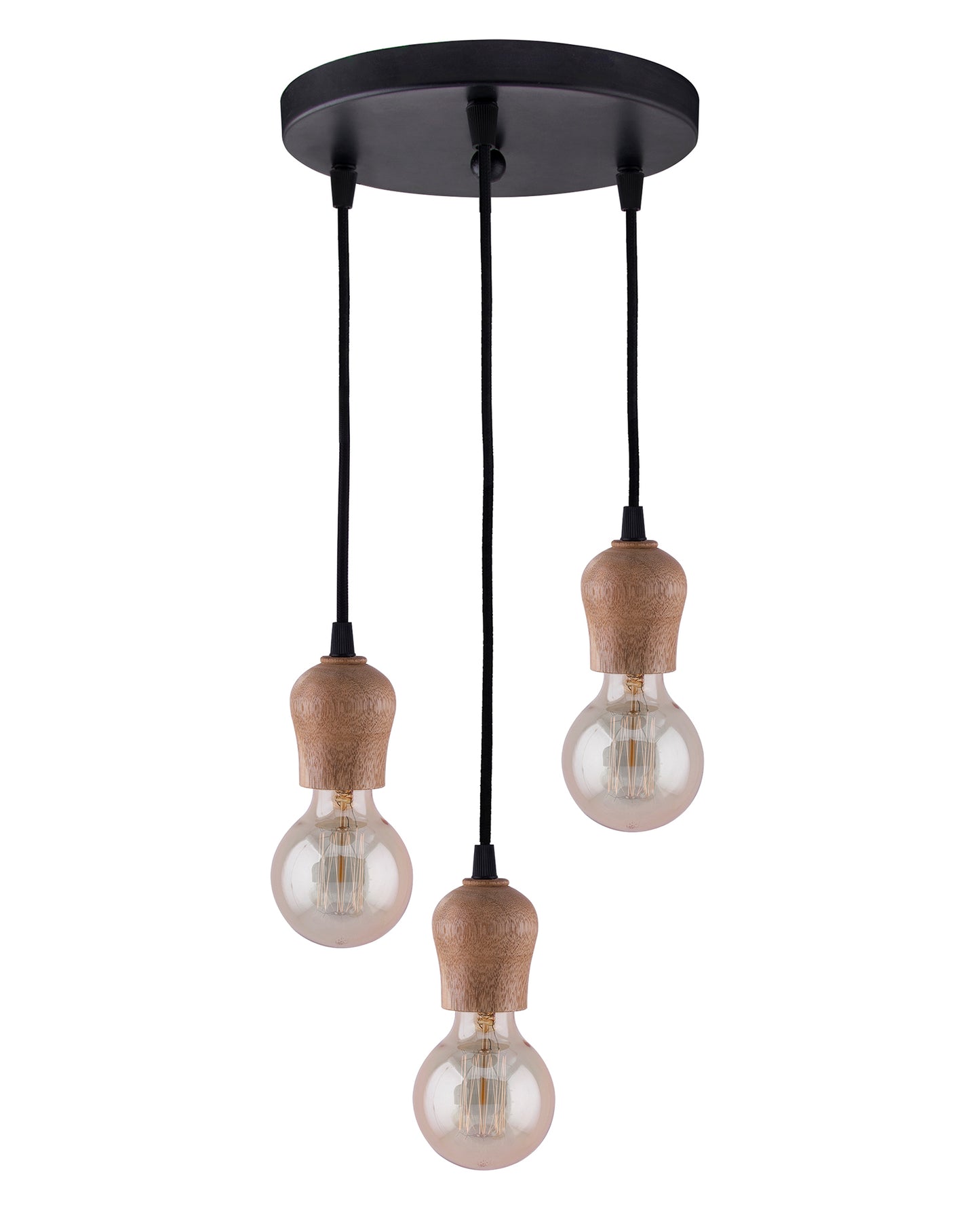 3-lights Round Cluster Chandelier Edison Filament Wooden Bubble holder Hanging Pendant Light with Braided Cord