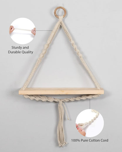 Triangle Rope Hanging Shelves Set of 2, Wood Floating Shelf for Wall Décor Bedroom Bathroom Living Room, Display Shelving for Hanging Plants Photos