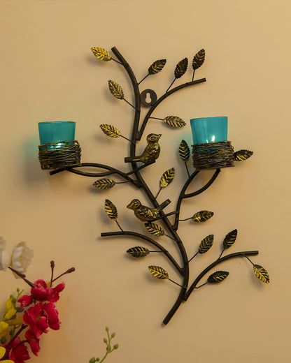 Tree with Bird Nest Votive Stand Turquoise, Wall Candle holder and Tealight candles