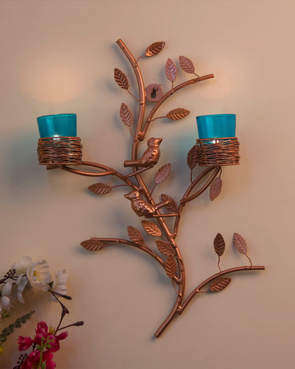 Copper Tree with Bird Nest Votive Stand Turquoise, Rose Gold, Wall Candle Holder and Tealight Candles