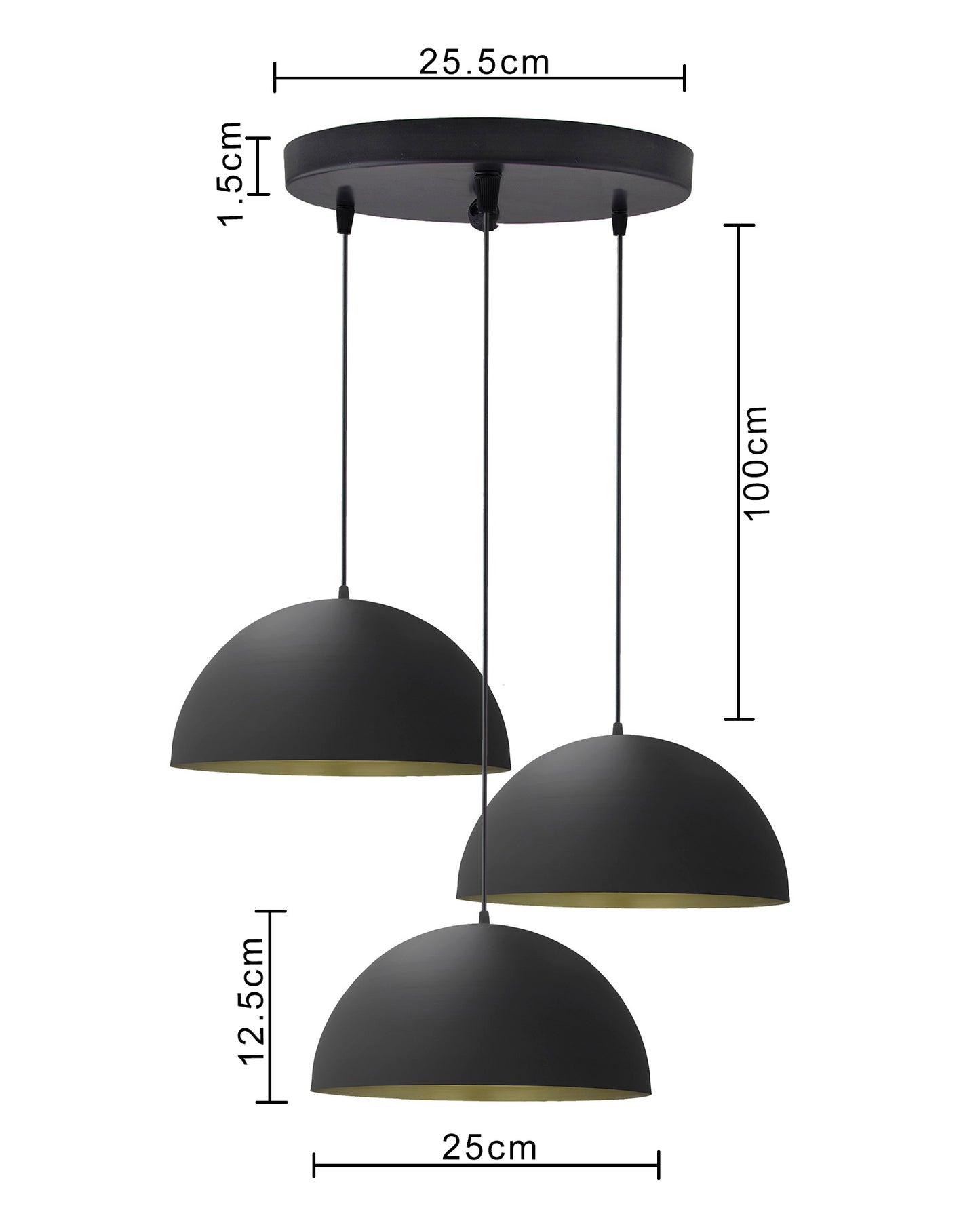 3-lights Round Cluster Chandelier Black 10" Pendant Hanging Pendant Light with Braided Cord