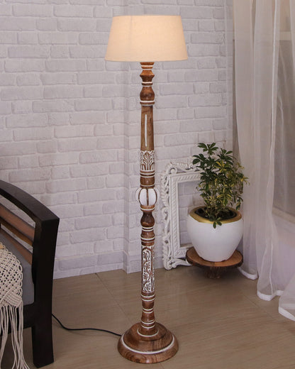 Royal Carving Antique white finish wooden floor lamp with Beige Fabric Lamp Shade