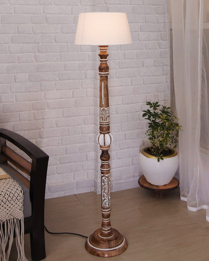 Royal Carving Antique white finish wooden floor lamp with Beige Fabric Lamp Shade