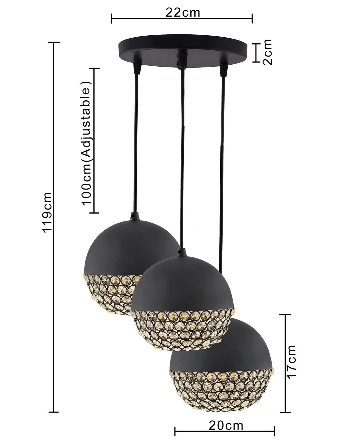 3-lights Round Cluster Chandelier Crystal hanging globe Hanging Pendant Light with Braided Cord