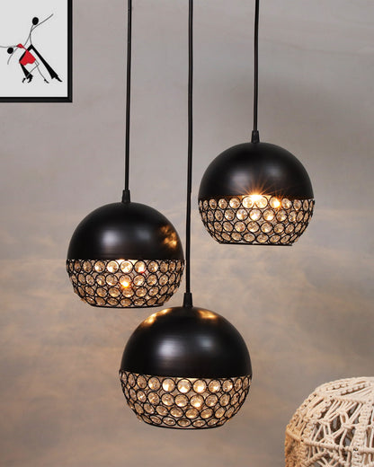 3-lights Round Cluster Chandelier Crystal hanging globe Hanging Pendant Light with Braided Cord