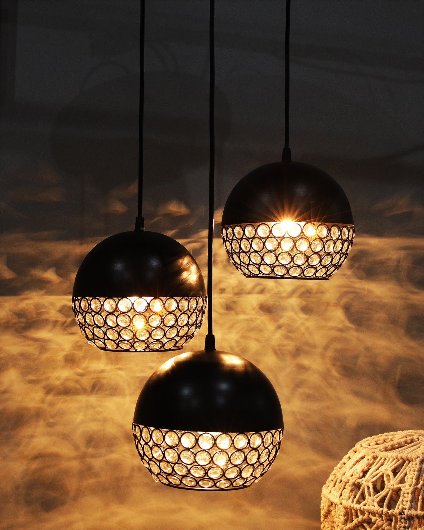 3-lights Round Cluster Chandelier Crystal hanging globe Hanging Pendant Light with Braided Cord