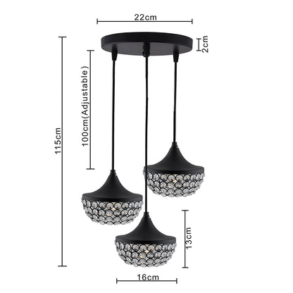 3-lights Round Cluster Chandelier Crystal hanging goblet Pendant Light with Braided Cord