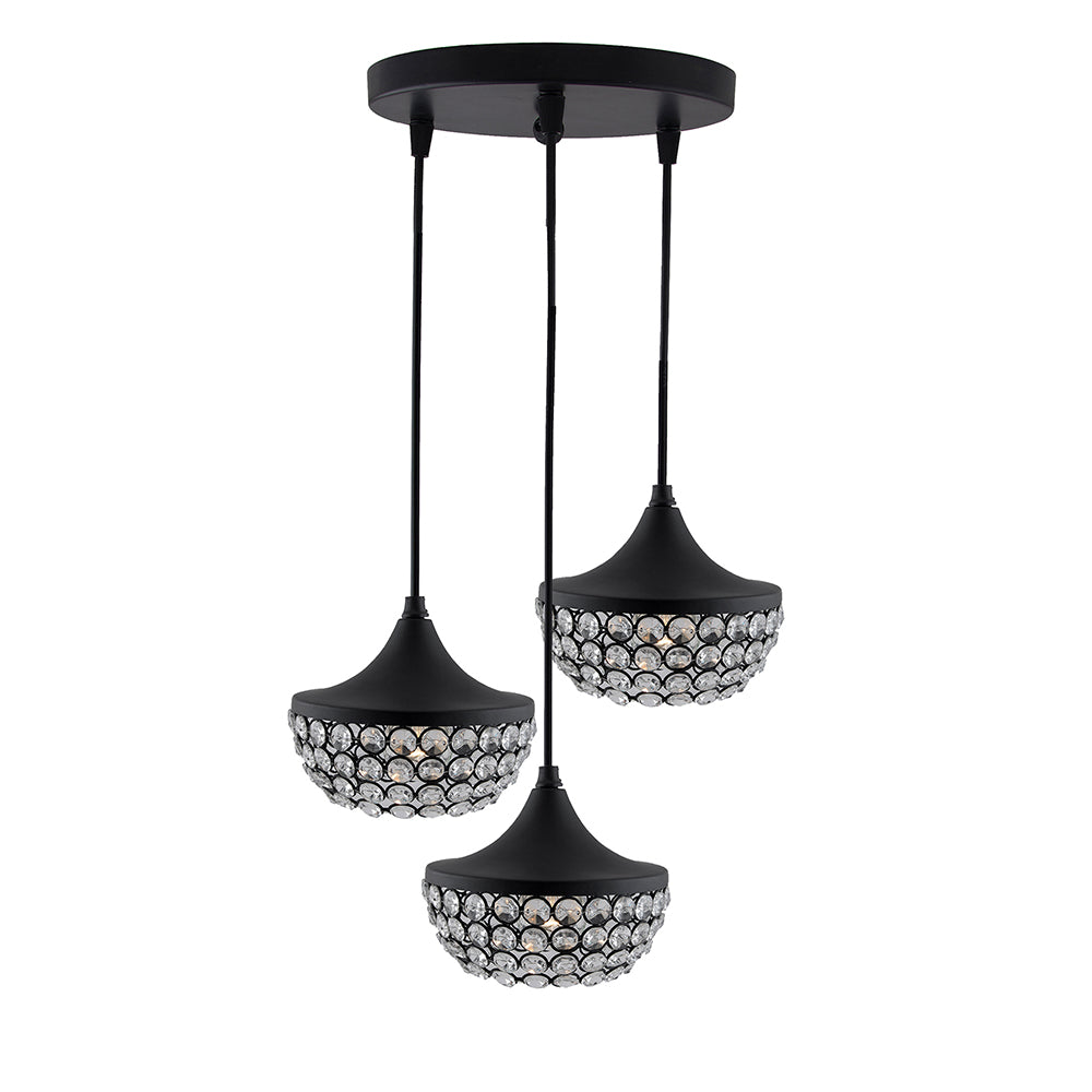 3-lights Round Cluster Chandelier Crystal hanging goblet Pendant Light with Braided Cord