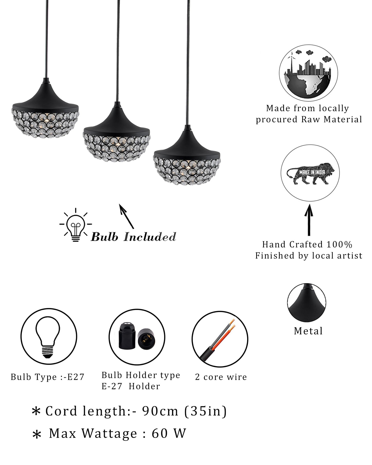 3-lights Linear Cluster Chandelier Crystal hanging goblet Pendant Light, kitchen area and dining room light
