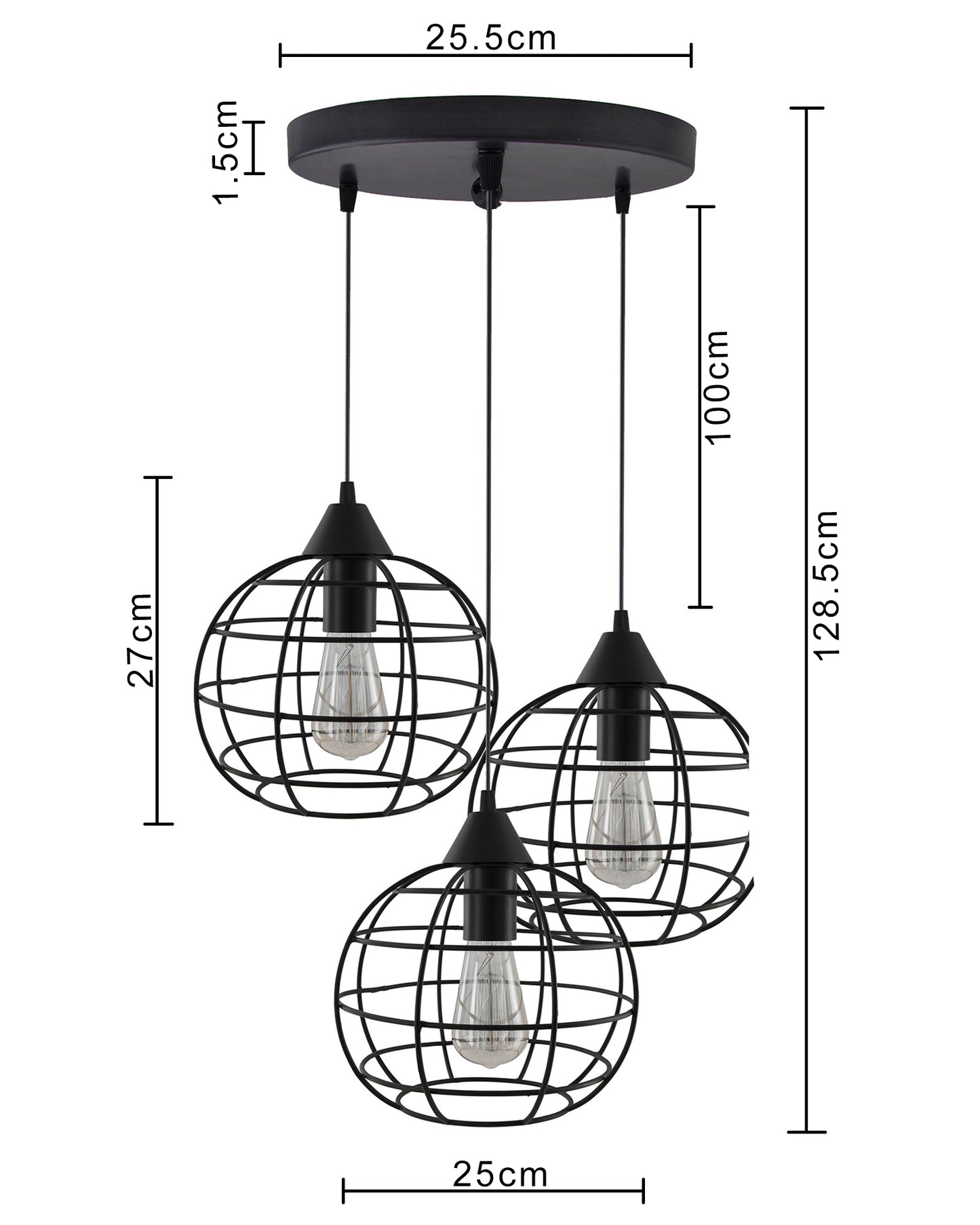 3-Lights Round Cluster Chandelier Hanging Classic Sphere Pendant Light with Braided Cord