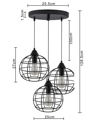 3-Lights Round Cluster Chandelier Hanging Classic Sphere Pendant Light with Braided Cord