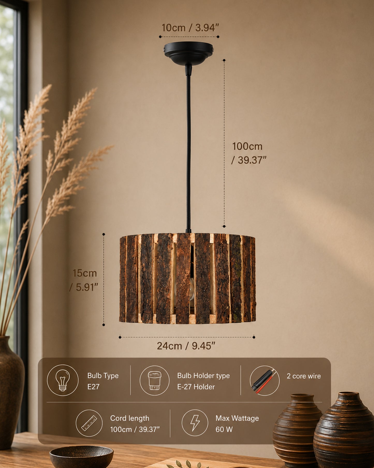 Rustic Wooden Log hanging pendant light, Industrial outdoor light, E27