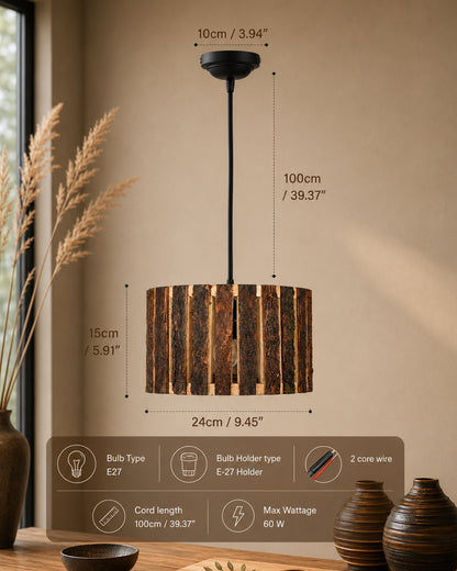 Rustic Wooden Log hanging pendant light, Industrial outdoor light, E27