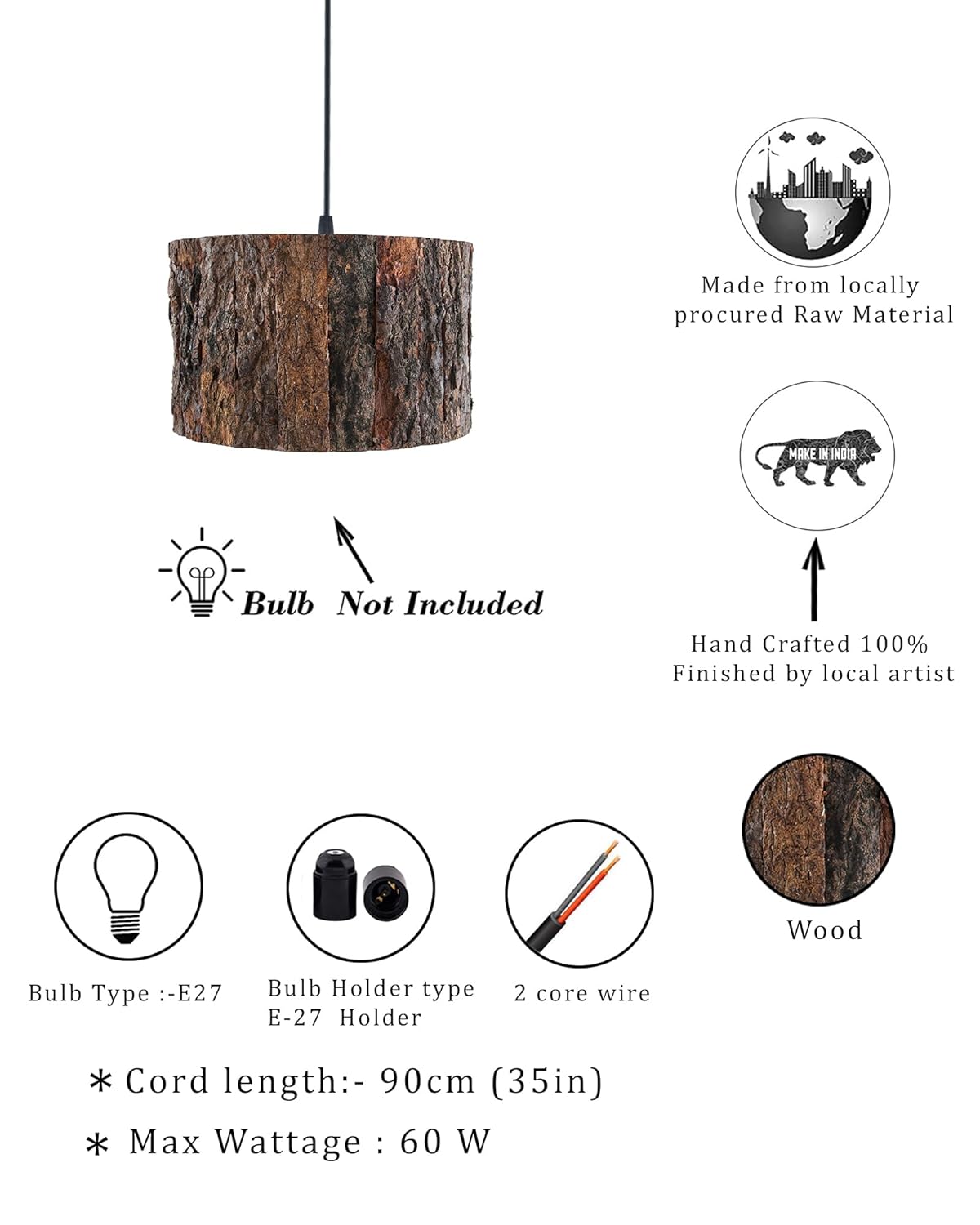 Rustic Wooden Log hanging pendant light, Industrial outdoor light, E27