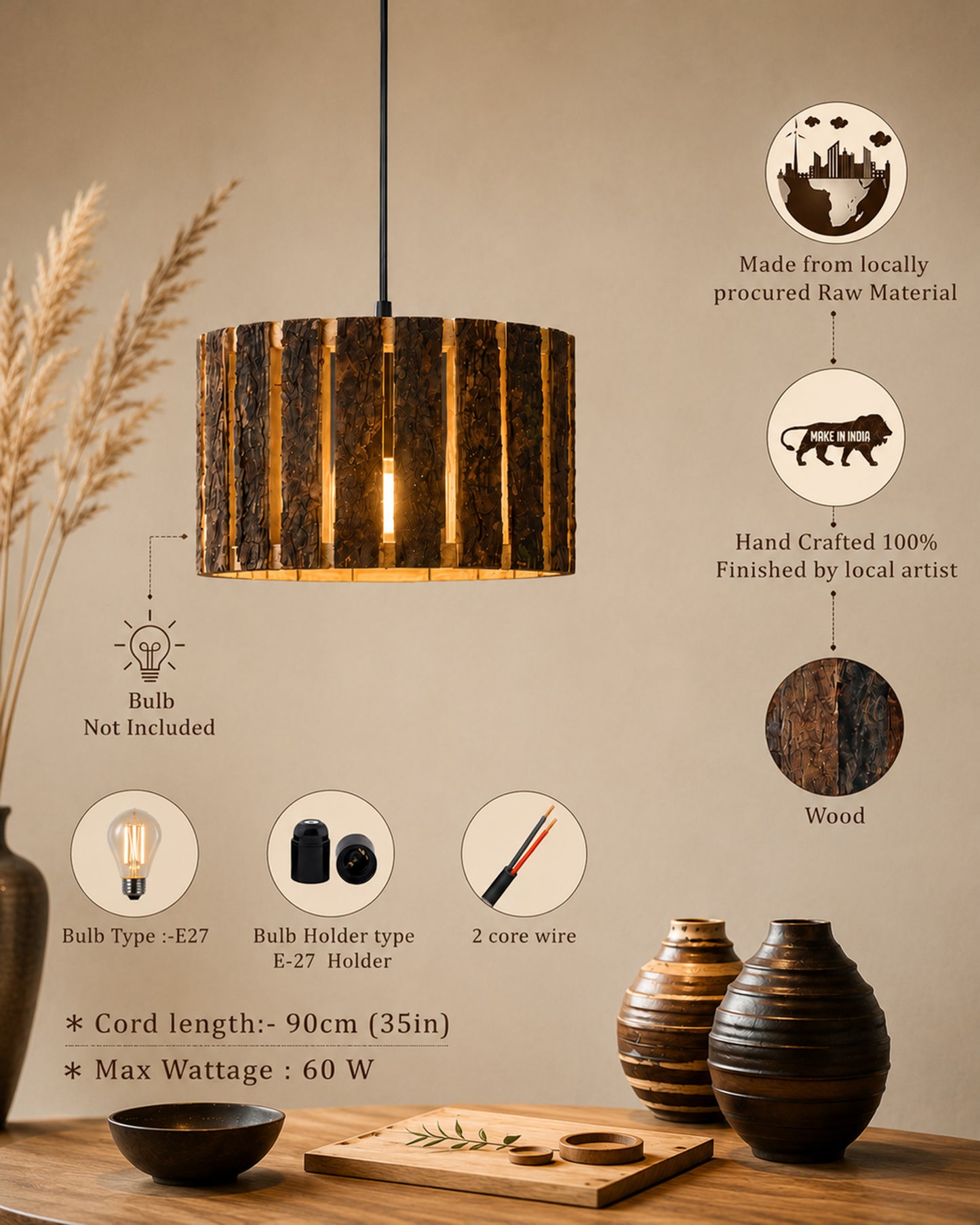 Rustic Wooden Log hanging pendant light, Industrial outdoor light, E27