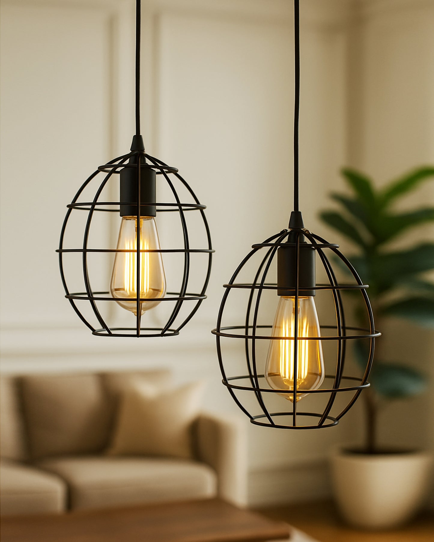 E27 Edison Vintage Black Metal Sphere Hanging Light, Set of 2, Pendant Ceiling Light Lamp