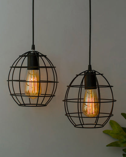 E27 Edison Vintage Black Metal Sphere Hanging Light, Set of 2, Pendant Ceiling Light Lamp
