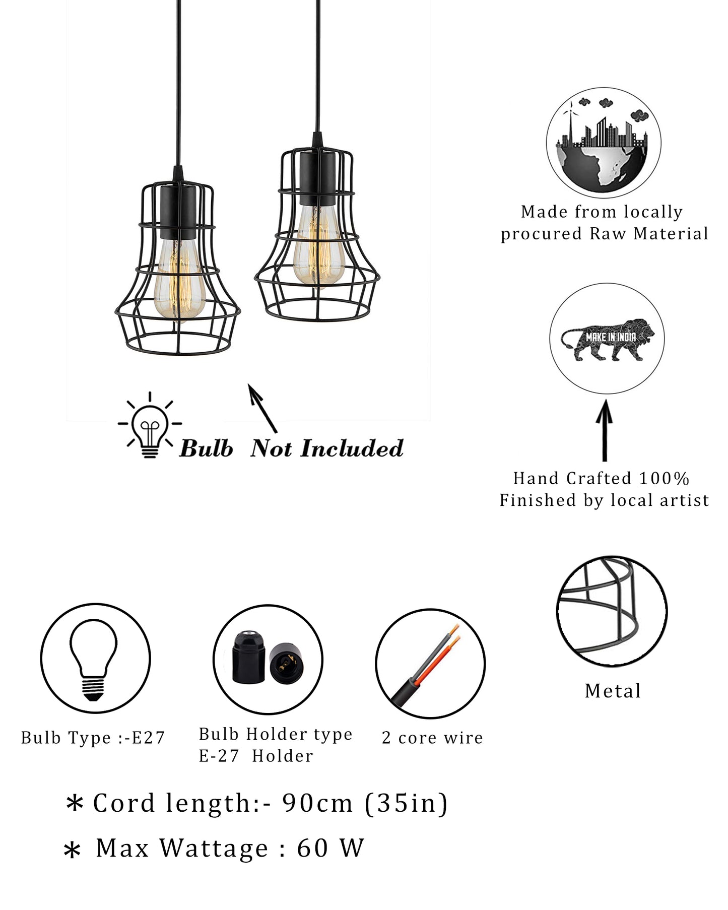 E27 Edison Vintage Black Metal Crown Hanging Light , Set of 2, Pendant Ceiling Light Lamp