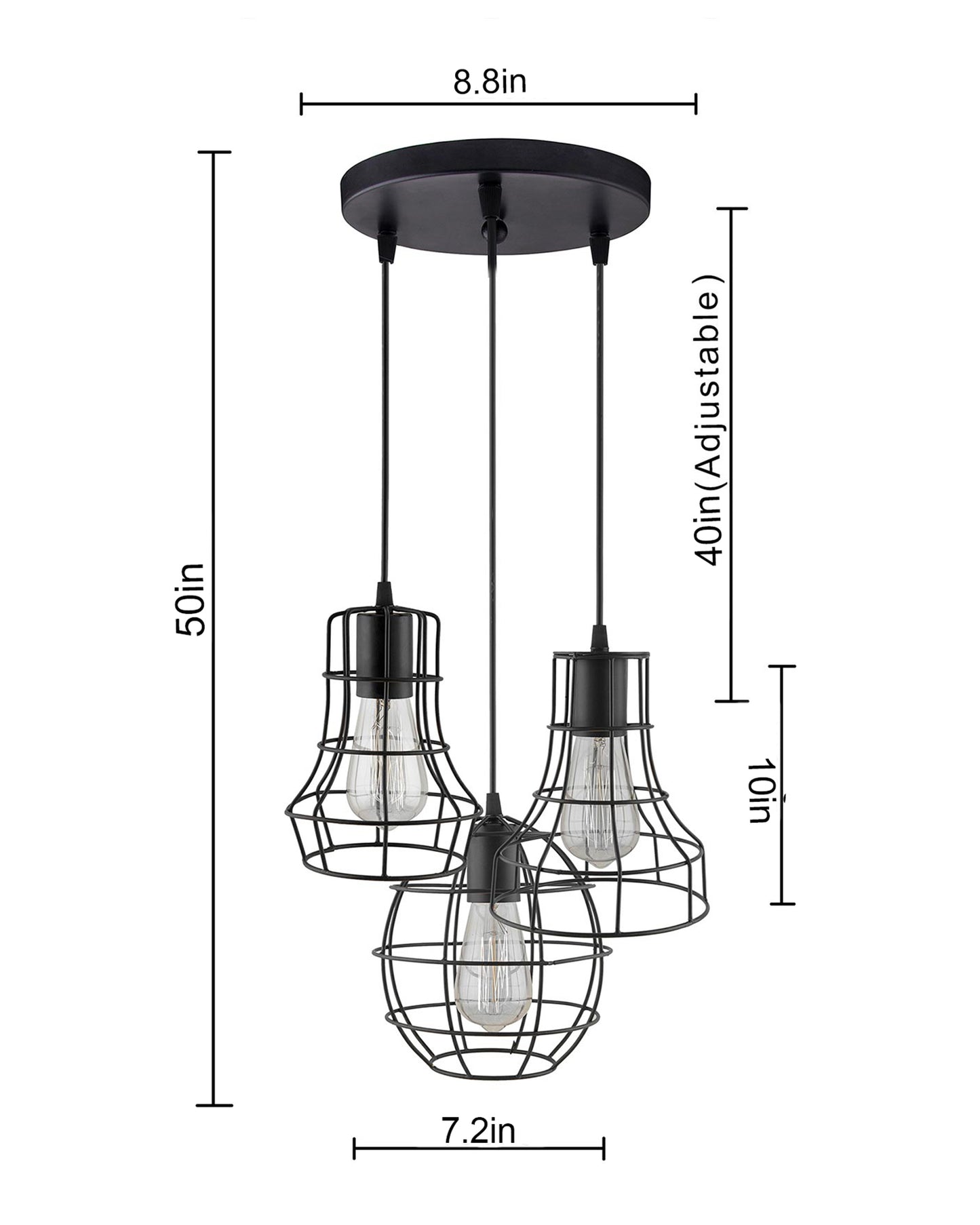 3-lights Round Cluster Chandelier Metal Hanging Pendant Light with Braided Cord, Industrial Retro modern light (Bulb not included)