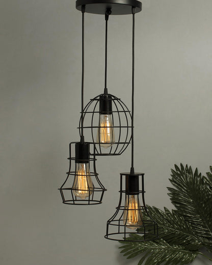3-lights Round Cluster Chandelier Metal Hanging Pendant Light with Braided Cord, Industrial Retro modern light (Bulb not included)