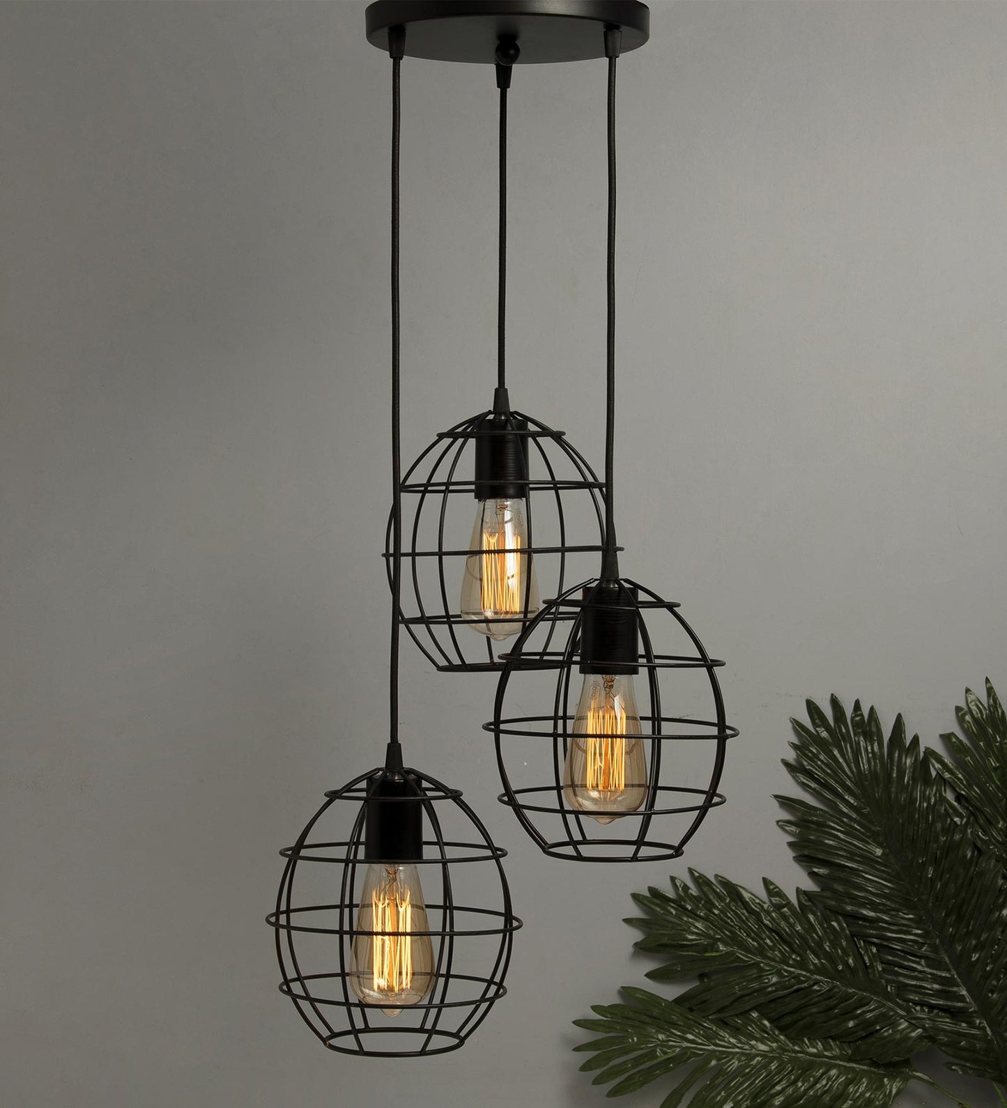 3-lights Round Cluster Chandelier Metal Hanging Pendant Light with Braided Cord, Industrial Retro modern light