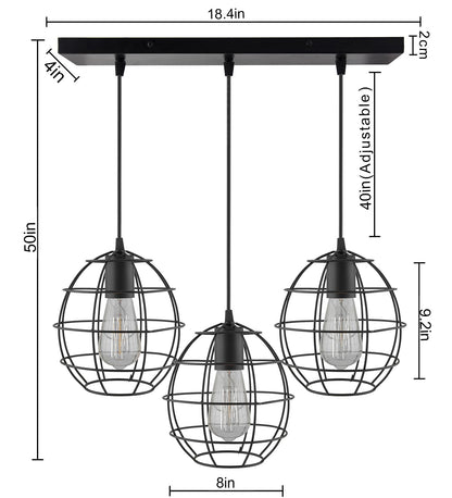 3-lights Linear Cluster Chandelier Metal hanging Pendant Light, kitchen area and dining room light