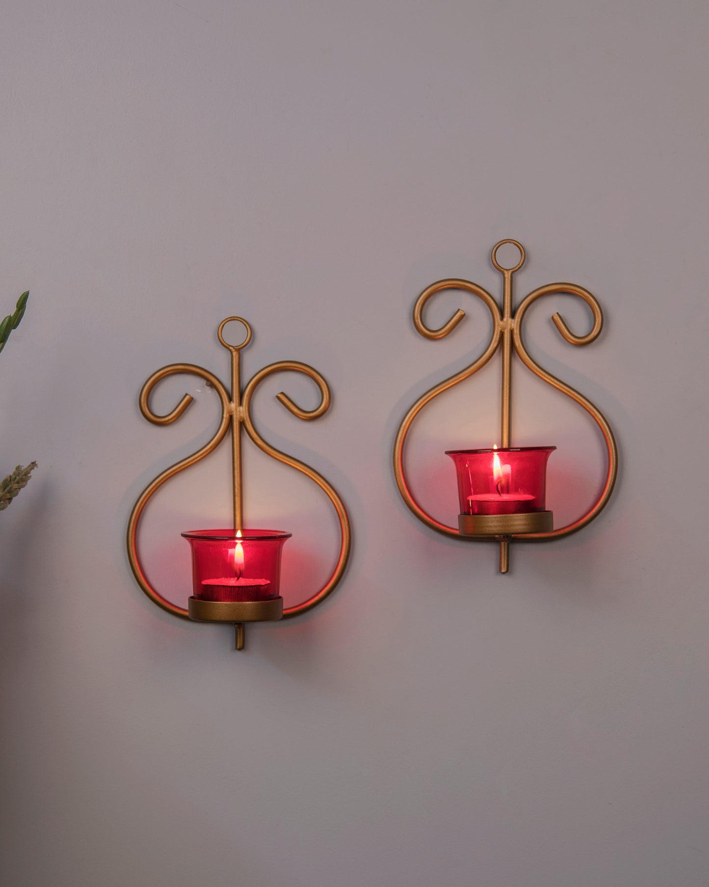 Set of 2 Decorative Golden Wall Sconce/Candle Holder With Glass and Free T-light Candles