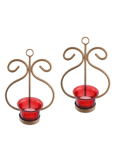 Set of 2 Decorative Golden Wall Sconce/Candle Holder With Glass and Free T-light Candles