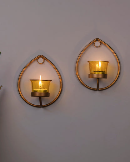 Set of 2 Decorative Golden Drop Wall Sconce/Candle Holder With Glass and Free T-light Candles