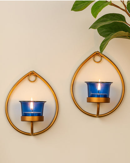 Set of 2 Decorative Golden Drop Wall Sconce/Candle Holder With Glass and Free T-light Candles