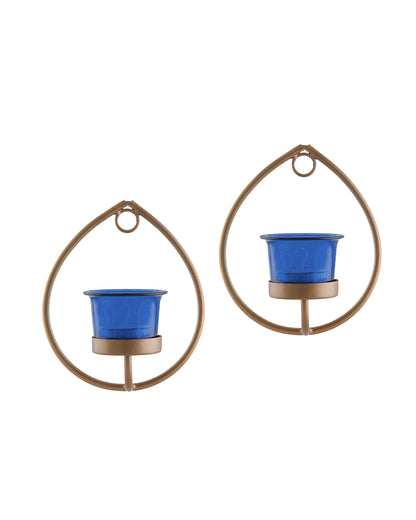 Set of 2 Decorative Golden Drop Wall Sconce/Candle Holder With Glass and Free T-light Candles