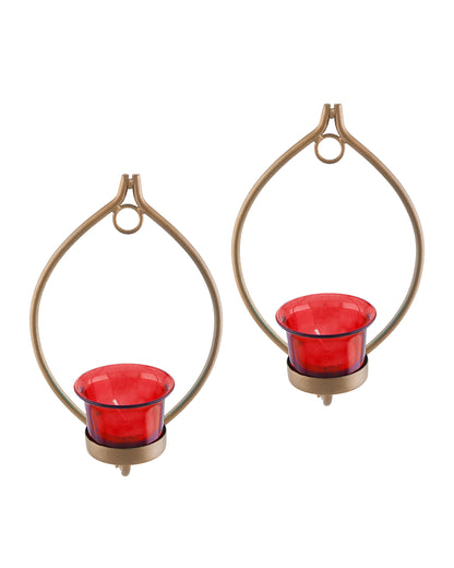 Set of 2 Decorative Golden Eye Wall Sconce/Candle Holder With Glass and Free T-light Candles