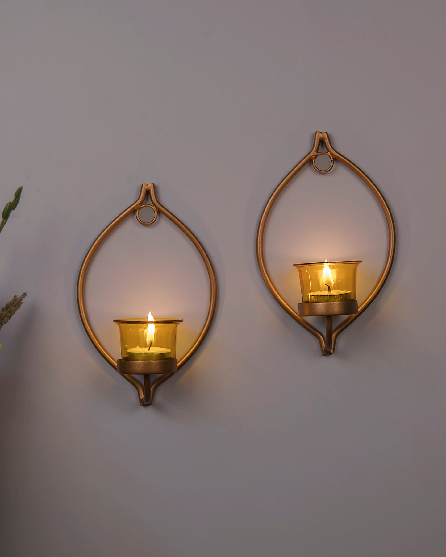 Set of 2 Decorative Golden Eye Wall Sconce/Candle Holder With Glass and Free T-light Candles