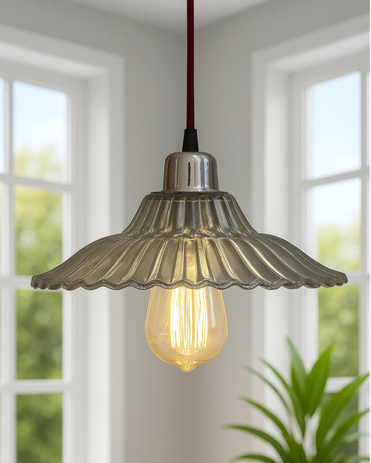 Homesake 40W Pendant Light Classic Ribbed Glass, Antique Gold Metal Hanging Ceiling LED Filament Light (Transparent)