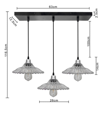 3-lights Linear Cluster Chandelier Ribbed Glass hanging Pendant Light, kitchen area and dining room light, LED/filament light