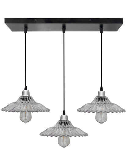 3-lights Linear Cluster Chandelier Ribbed Glass hanging Pendant Light, kitchen area and dining room light, LED/filament light