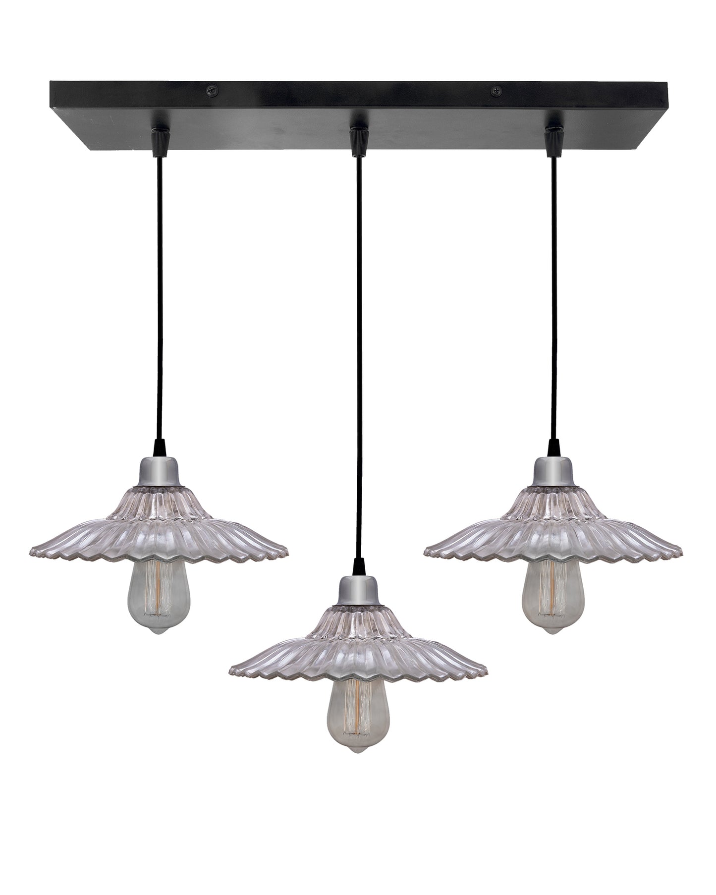 3-lights Linear Cluster Chandelier Ribbed Antique Silver Glass hanging Pendant Light, kitchen area and dining room light, LED/filament light