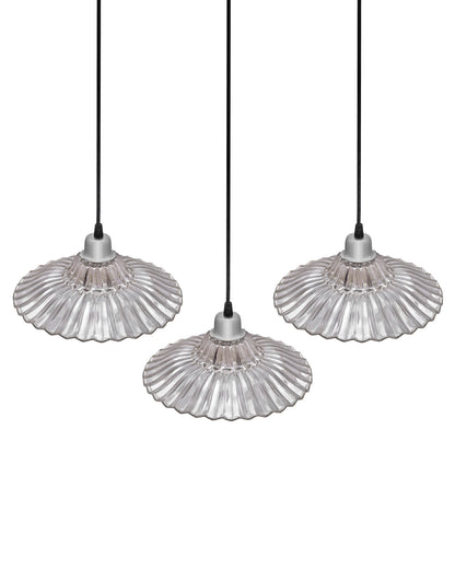 3-lights Linear Cluster Chandelier Ribbed Antique Silver Glass hanging Pendant Light, kitchen area and dining room light, LED/filament light