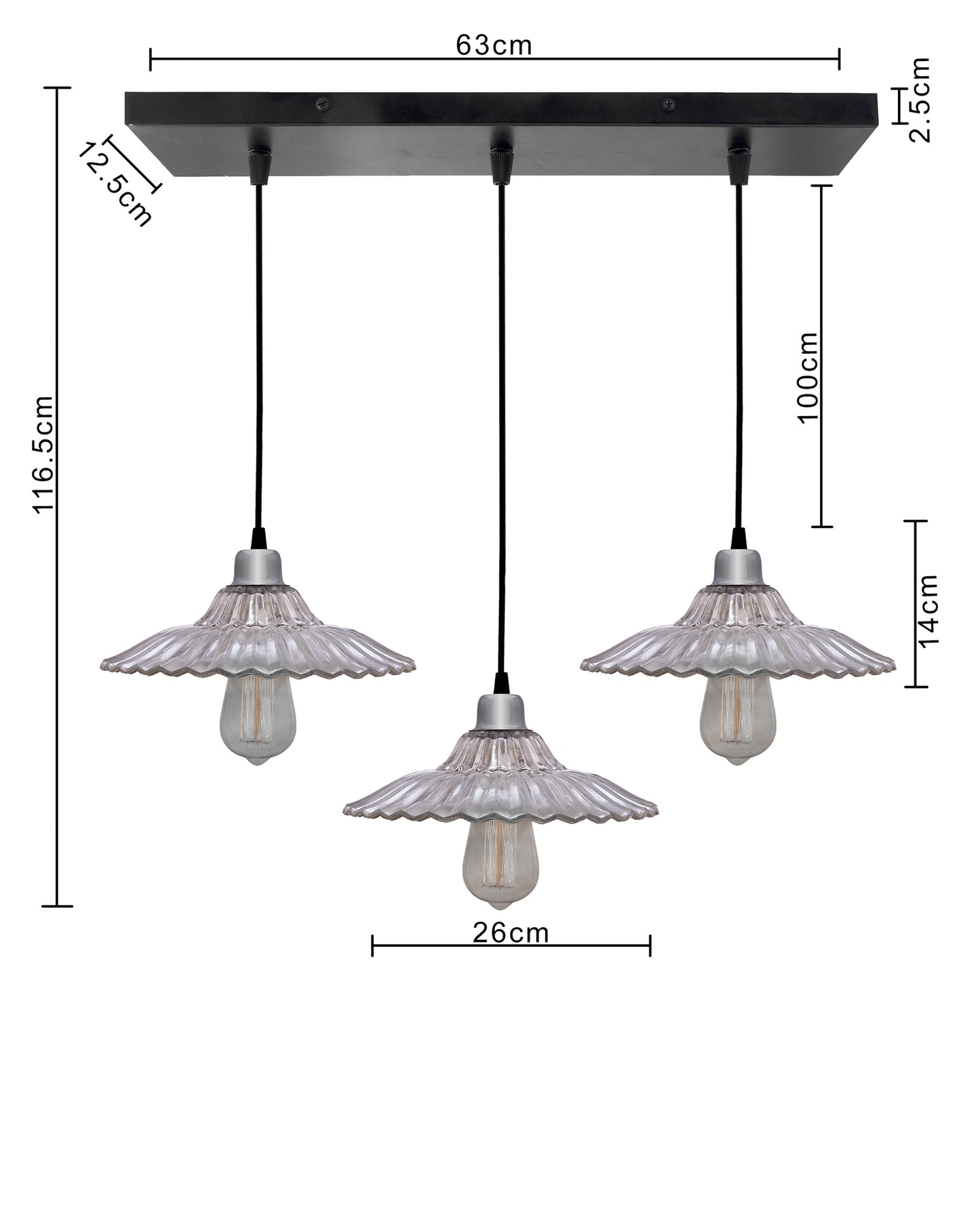 3-lights Linear Cluster Chandelier Ribbed Antique Silver Glass hanging Pendant Light, kitchen area and dining room light, LED/filament light