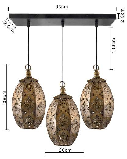 3-Lights Linear Cluster Chandelier Antique Finish Oval Moroccan Hanging Pendant Light, Kitchen Area and Dining Room Light, LED/Filament Light