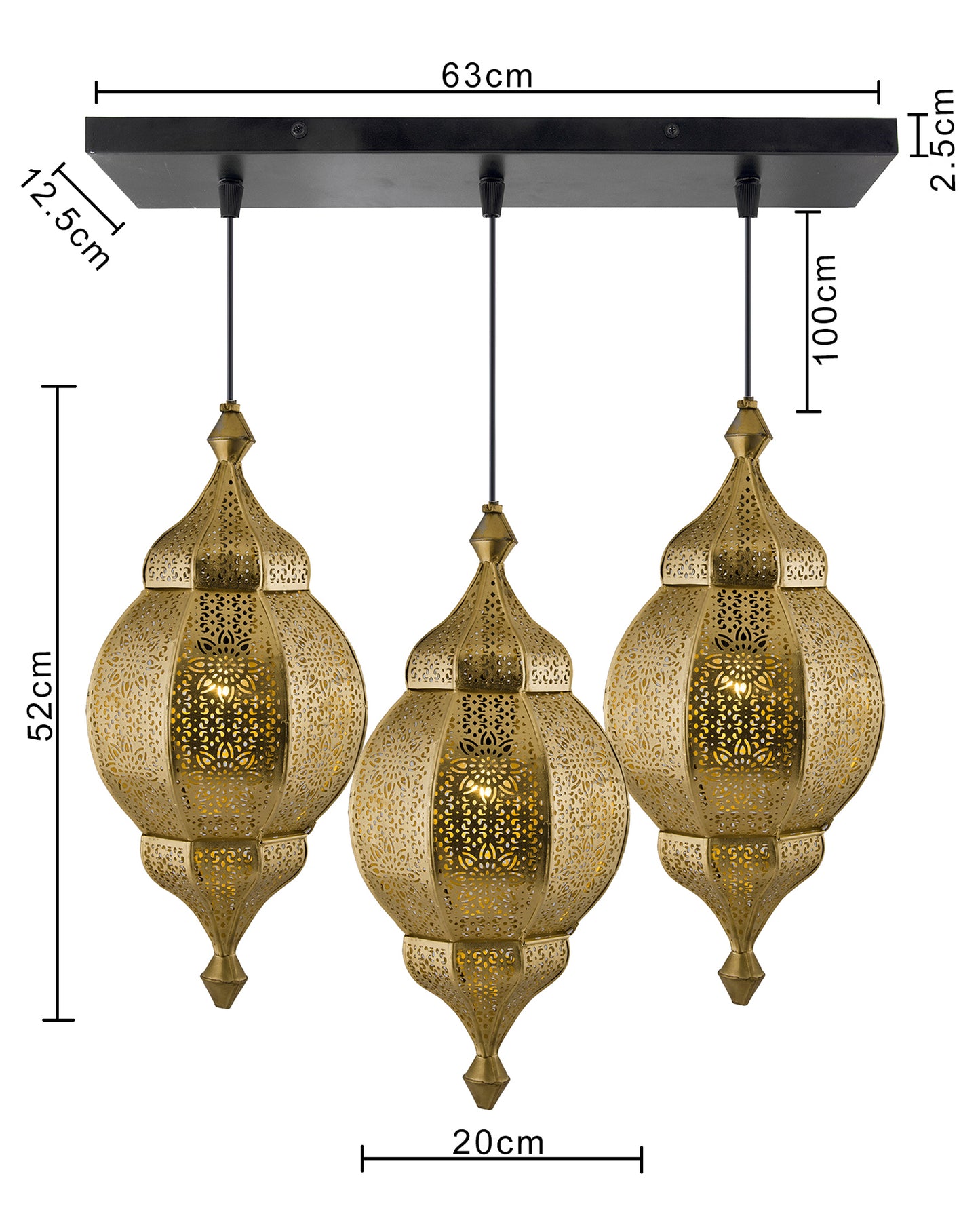 3-Lights Linear Cluster Chandelier Antique Classic Moroccan Orb Hanging Pendant Light, Kitchen Area and Dining Room Light, LED/Filament Light