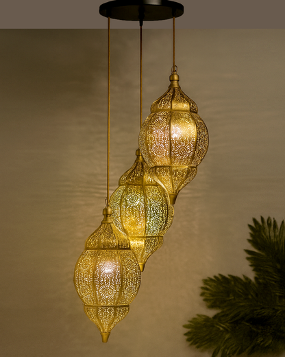 3-Lights Round Cluster Chandelier Ceiling Antique Classic Moroccan Orb Hanging Light with Braided Cord, URBAN Retro